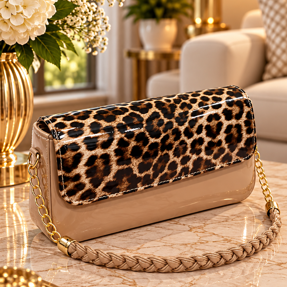 Tan Leopard Print Glossy Shoulder Bag with Braided Strap