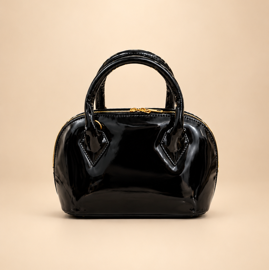 Black Glossy Dome Handbag with Gold-Tone Hardware with cherry charm