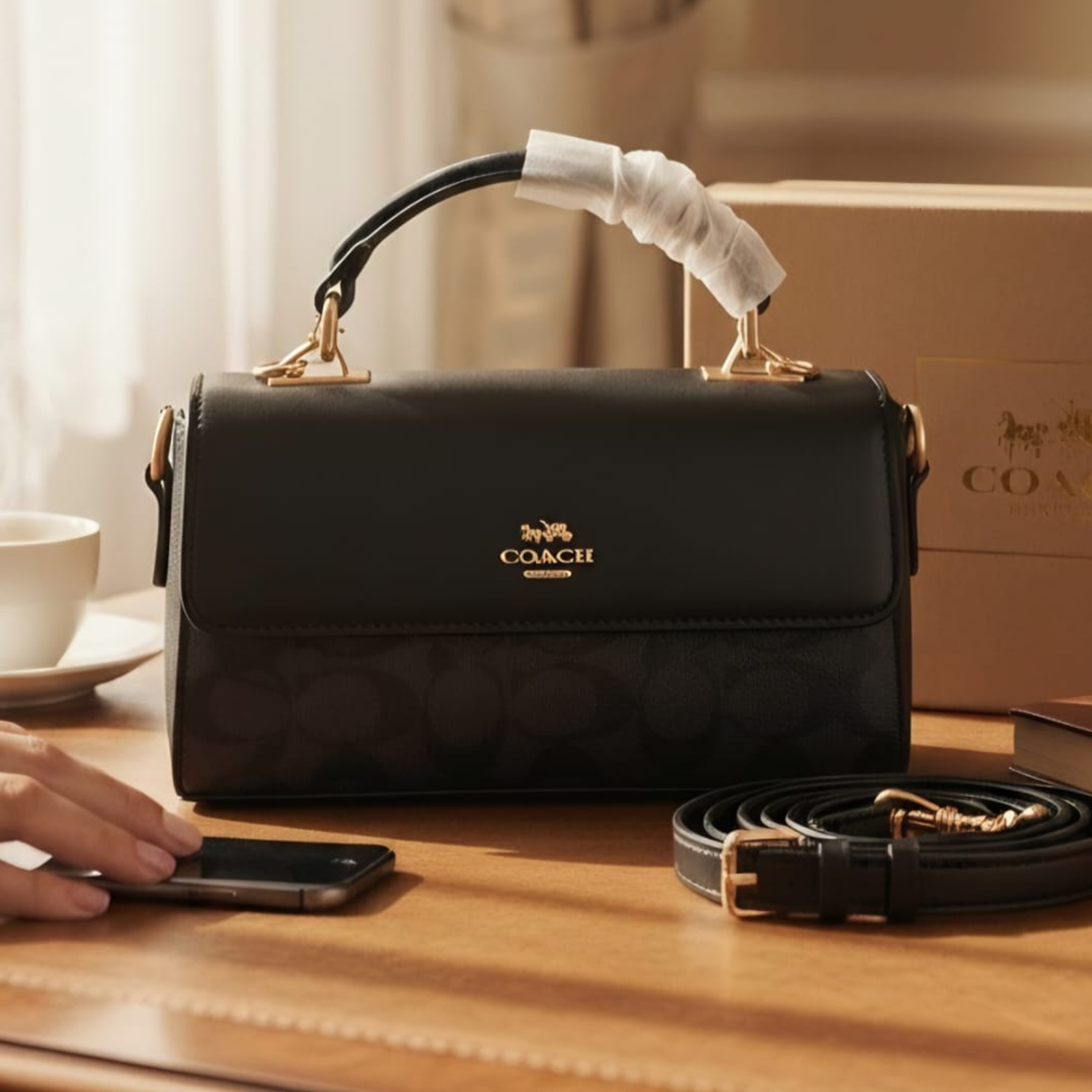 Coach Eliza foldover top handle bag black on wooden table with Coach box and coffee