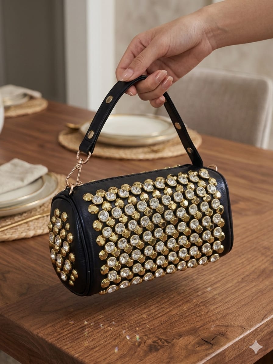 Crystal rhinestone barrel bag held by hand close up