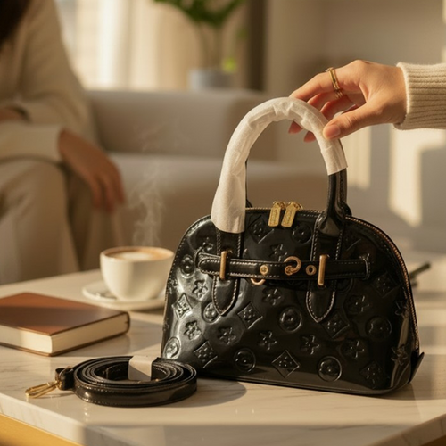 Louis Vuitton Alma BB Monogram Vernis black on marble table with coffee in luxury apartment