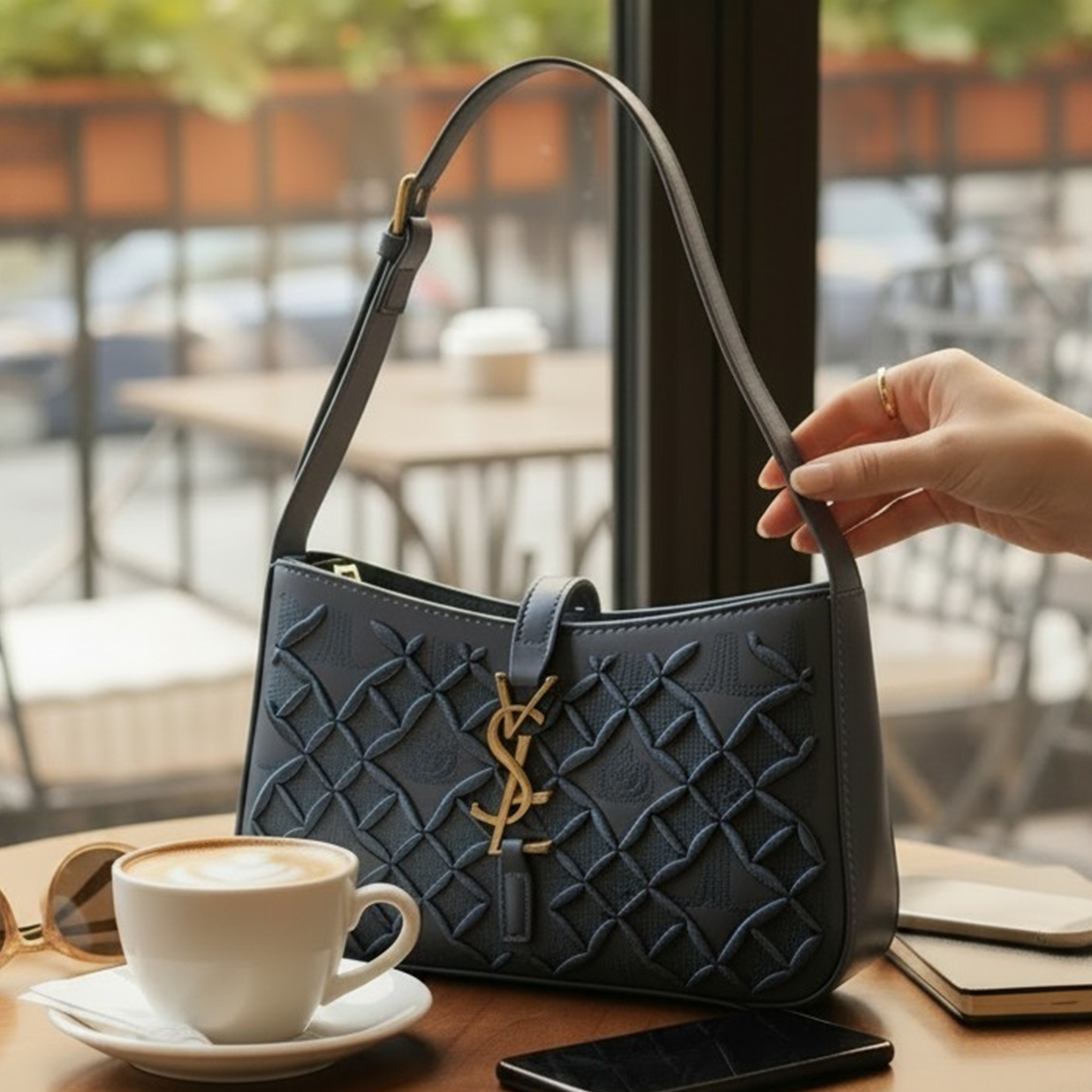 Saint Laurent Le 5 à 7 hobo bag slate blue quilted on cafe table with coffee and sunglasses