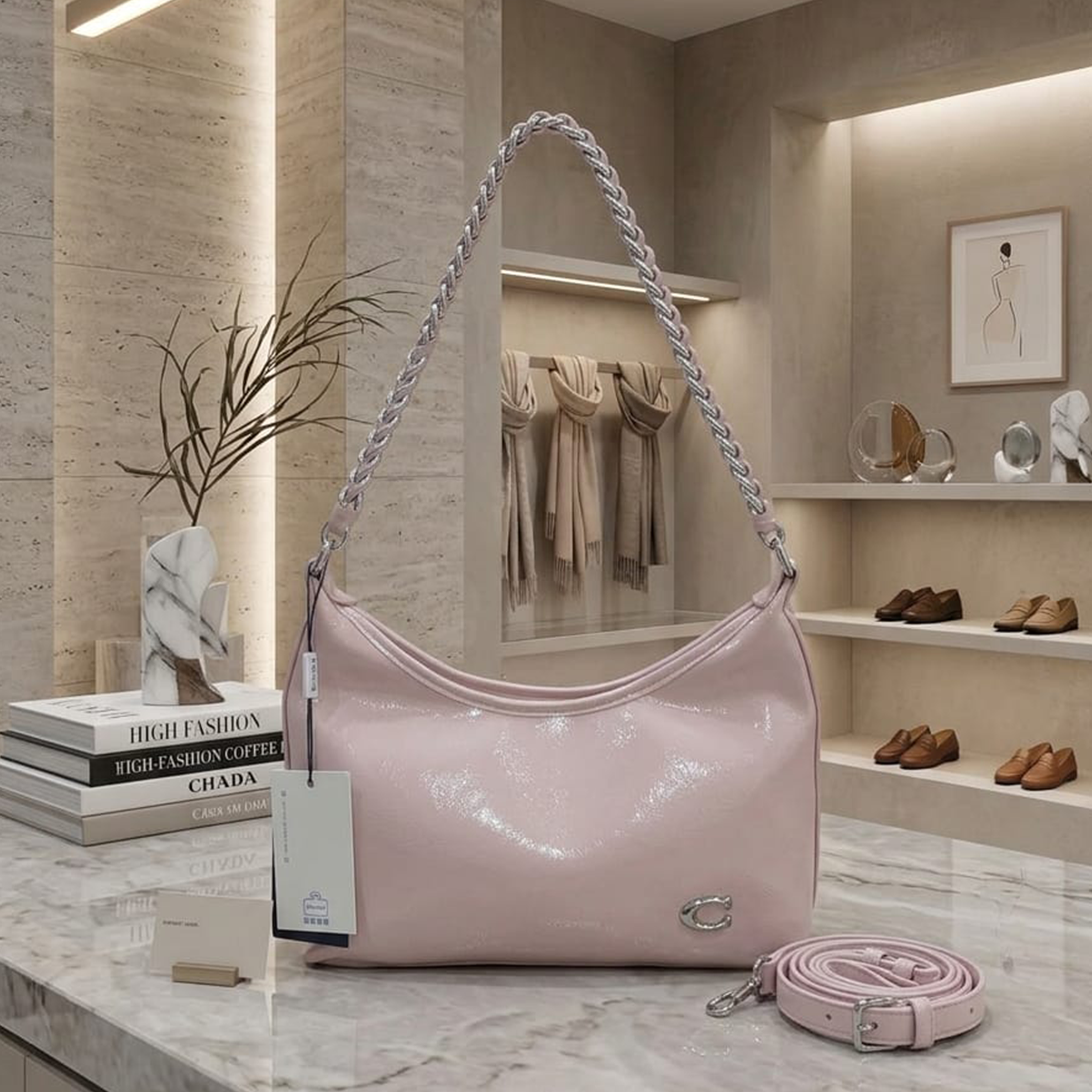 Coach Cassy hobo bag petal pink on marble table in luxury boutique with fashion books