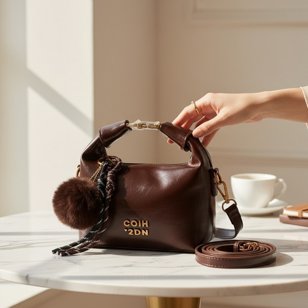 Coach Ergo bag dark chocolate brown on marble table in sunlit interior with detachable crossbody strap