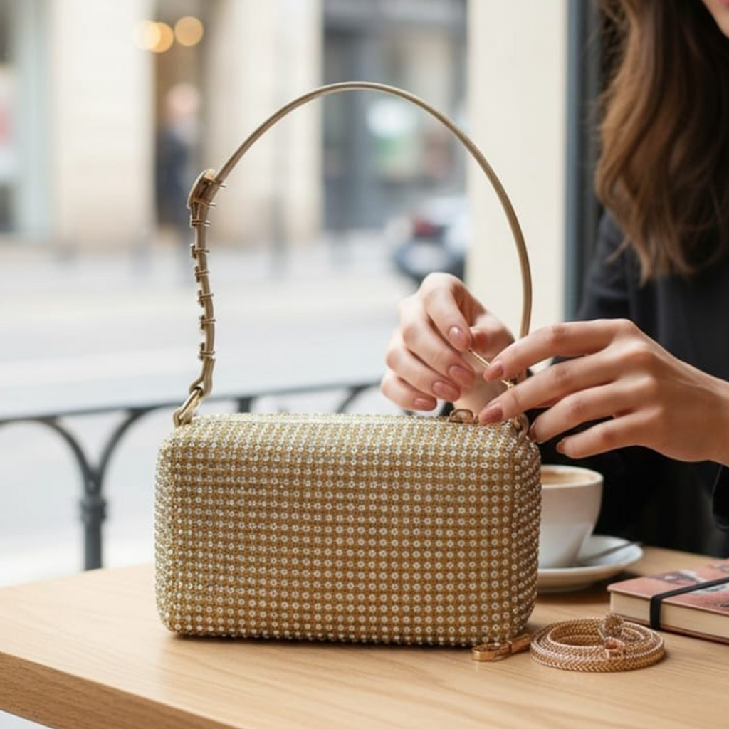 Alexander Wang crystal rhinestone box bag gold at Parisian cafe table