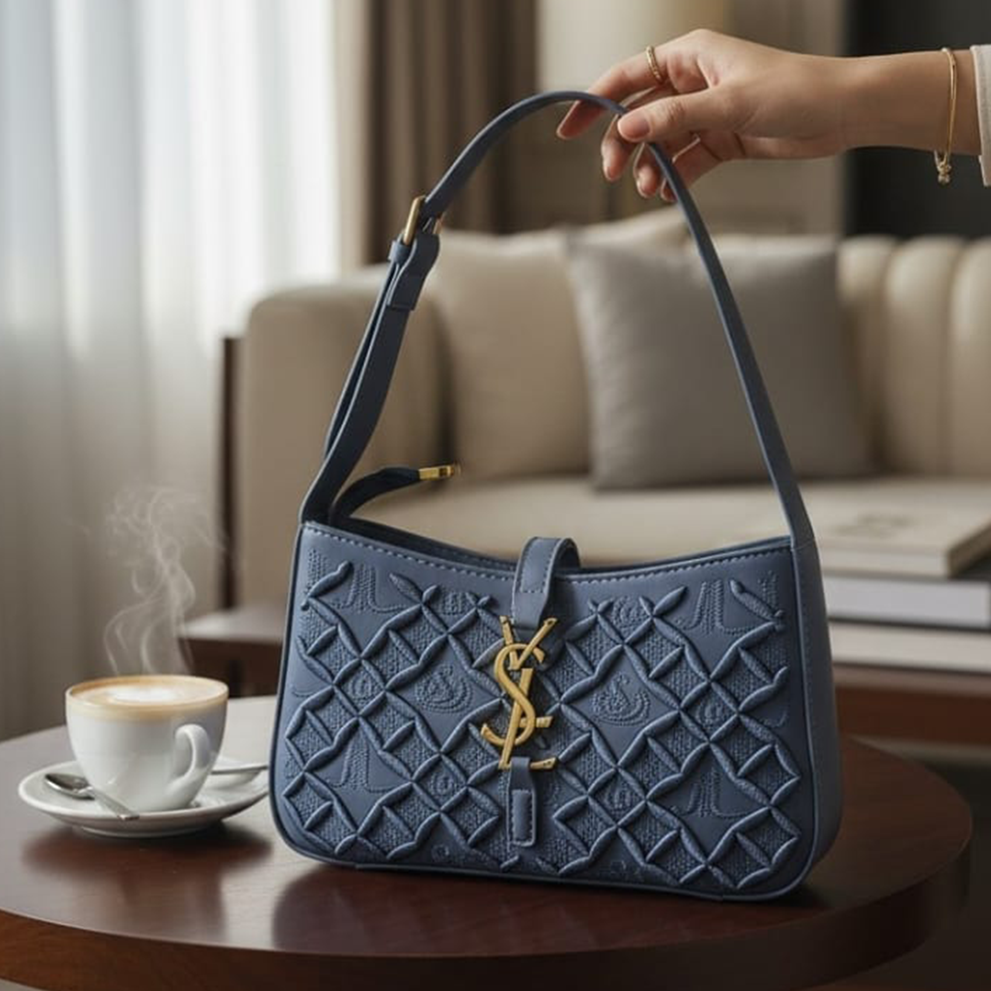 Saint Laurent Le 5 à 7 hobo bag slate blue quilted on side table in luxury hotel suite