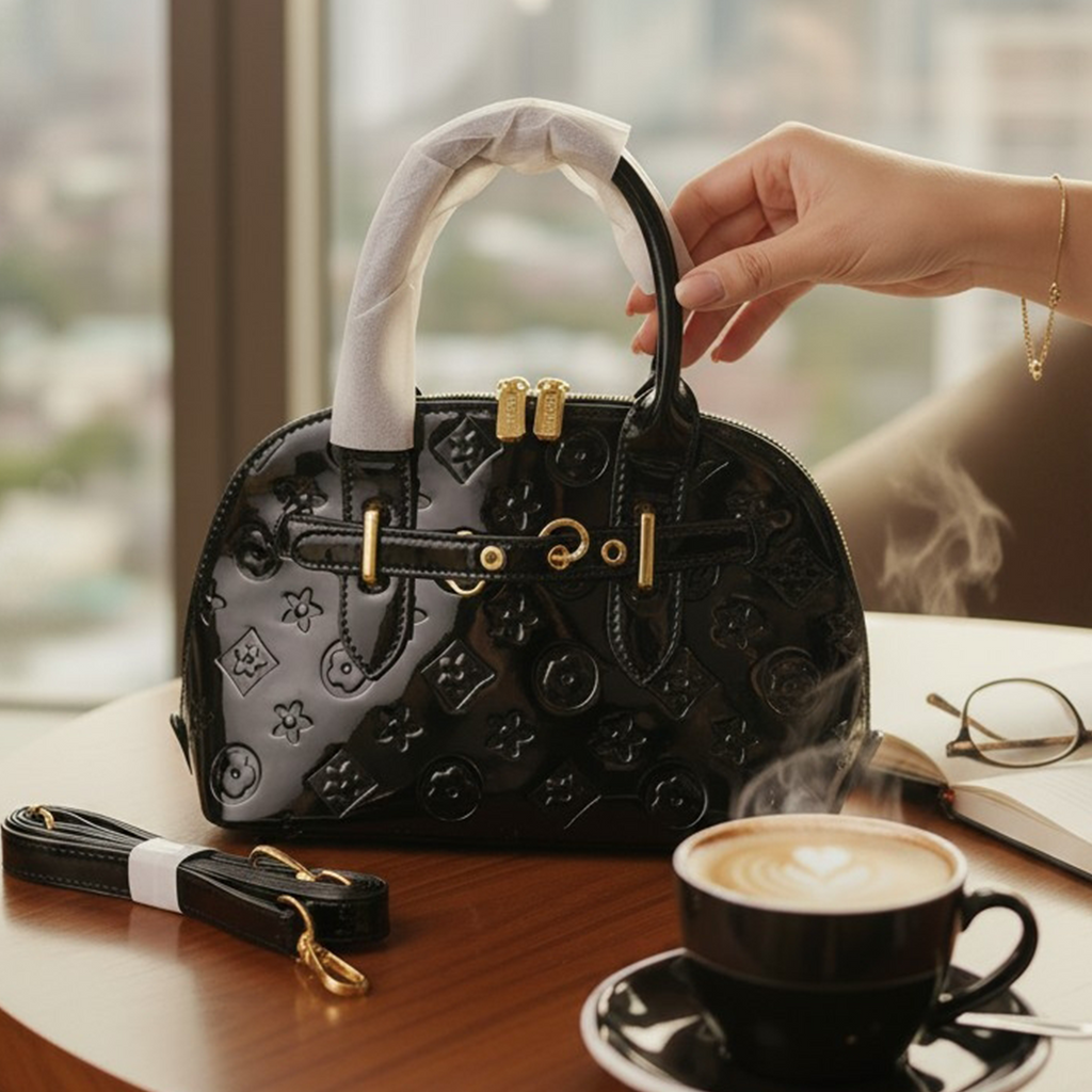 Louis Vuitton Alma BB Monogram Vernis black held up at cafe table with city view