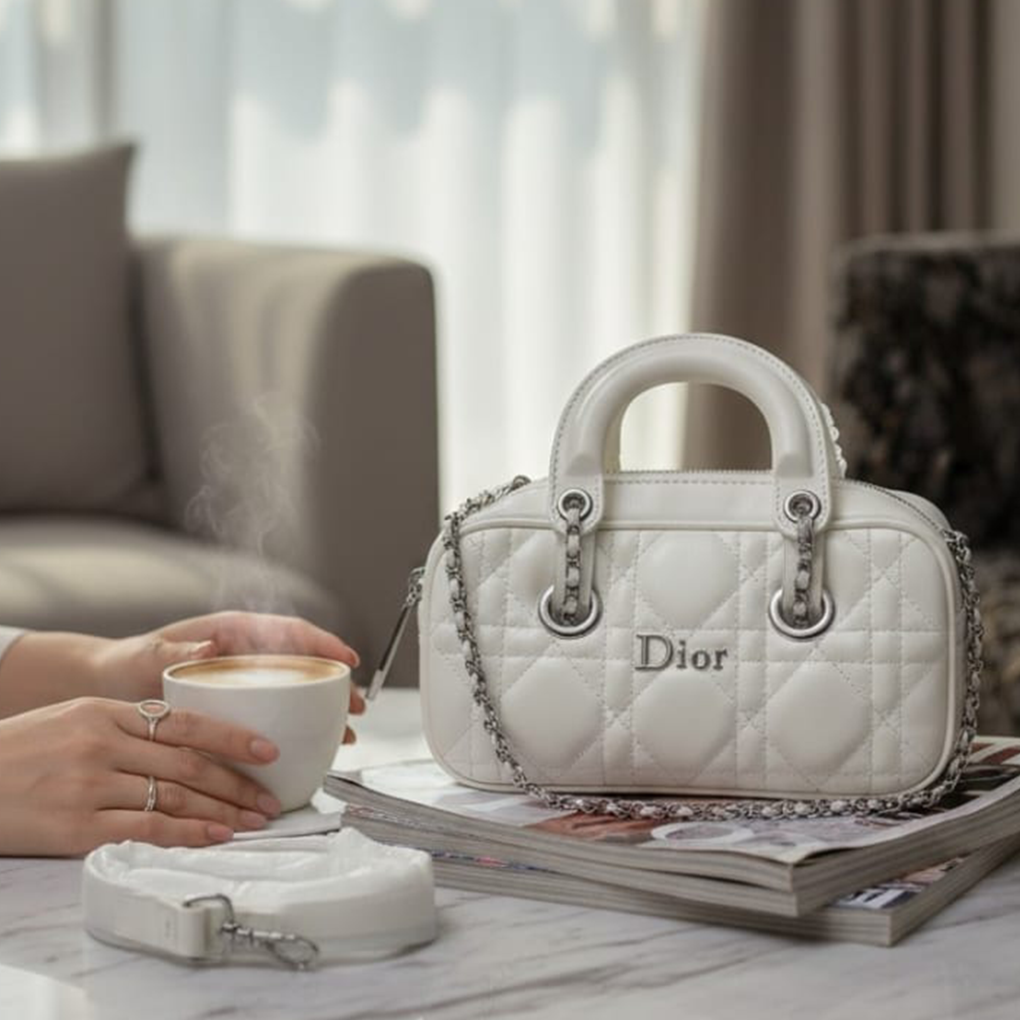 Dior Cannage Quilted Bowling Bag — White
