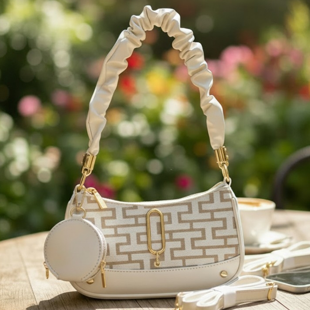 Marc Jacobs Snapshot hobo bag ivory monogram on garden cafe table in sunlight