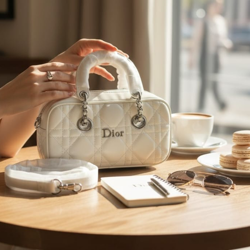 Dior Cannage Quilted Bowling Bag — White
