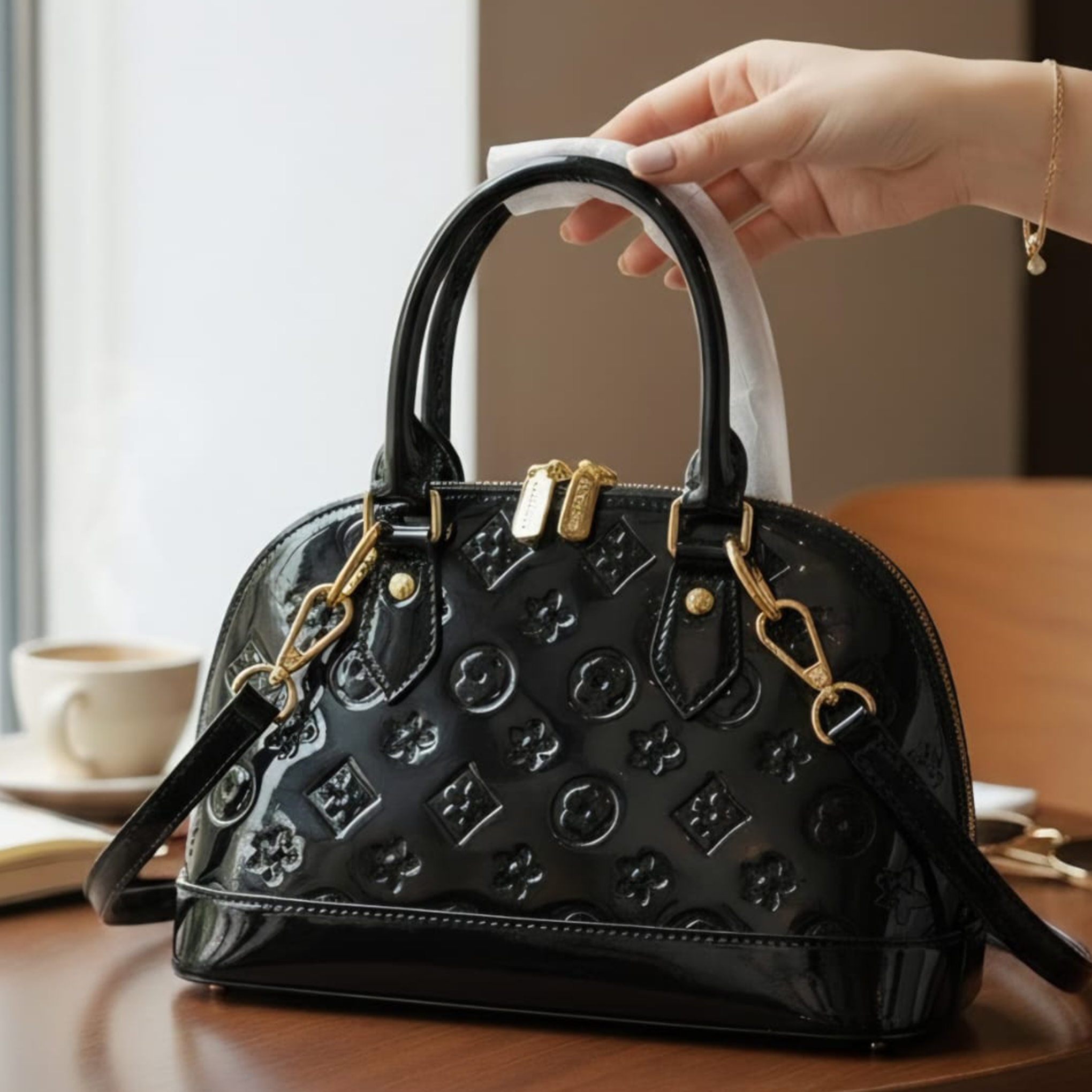 Louis Vuitton Alma BB Monogram Vernis black held up close up showing gold hardware and monogram