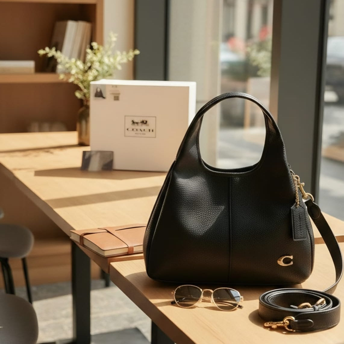 Coach Lana hobo bag black on wooden desk with Coach gift box, sunglasses and detachable crossbody strap