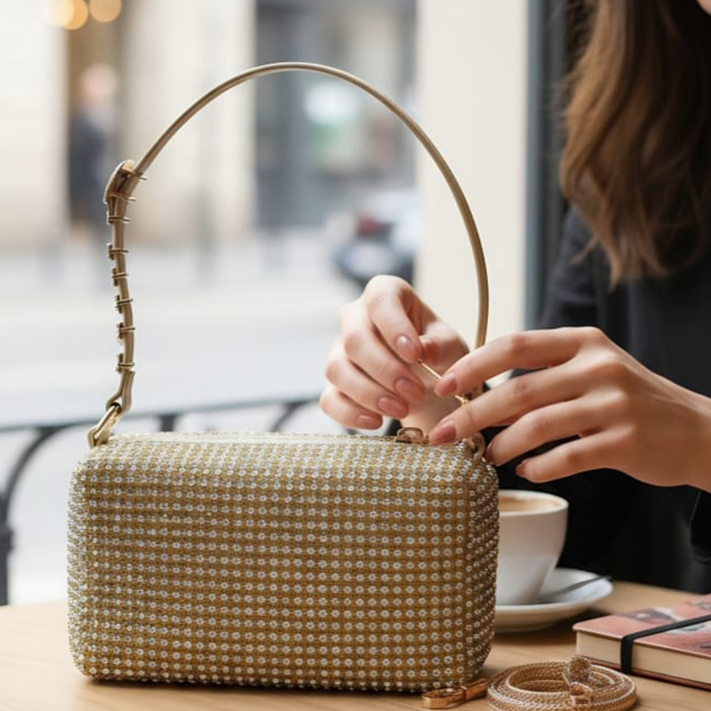 Alexander Wang crystal rhinestone box bag gold close up at cafe
