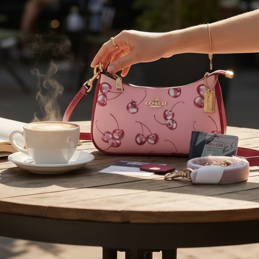 Coach Teri shoulder bag cherry print pink on outdoor cafe table with detachable crossbody strap