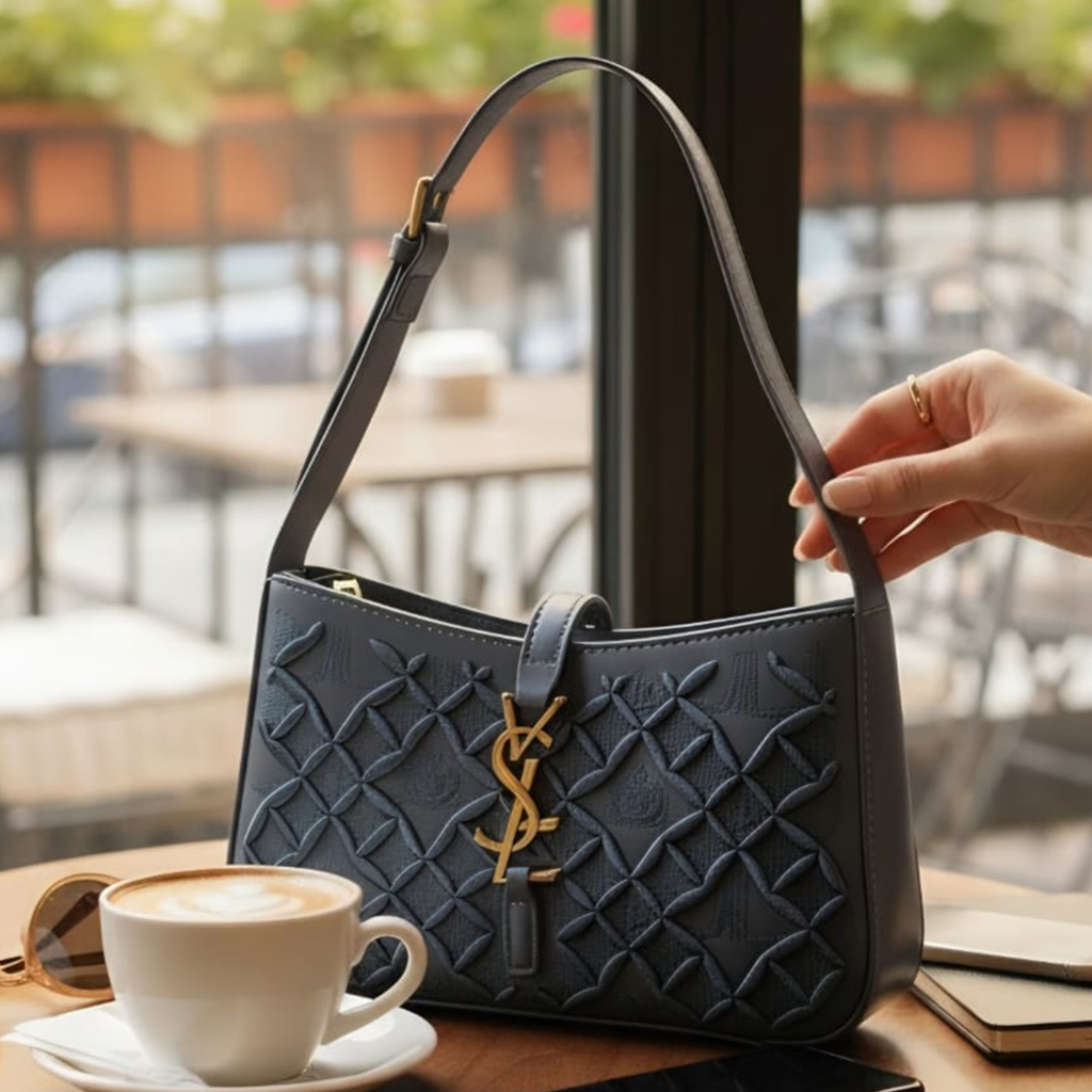 Saint Laurent Le 5 à 7 hobo bag slate blue quilted held at cafe window with city view