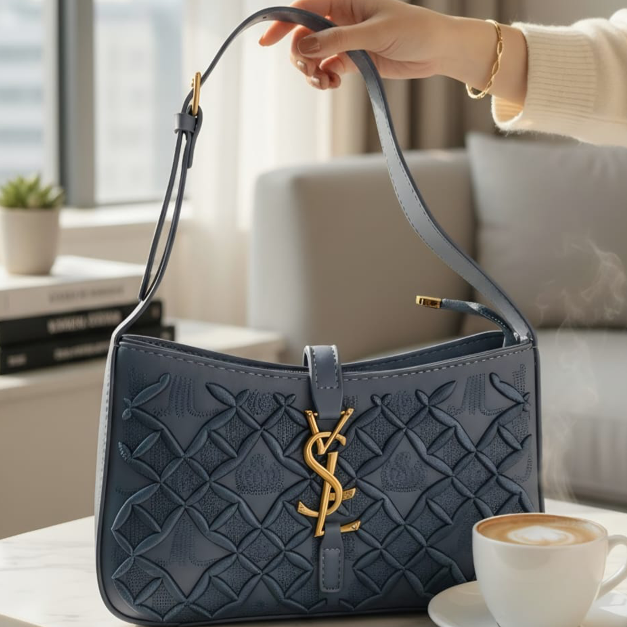 Saint Laurent Le 5 à 7 hobo bag slate blue quilted on marble table in modern apartment