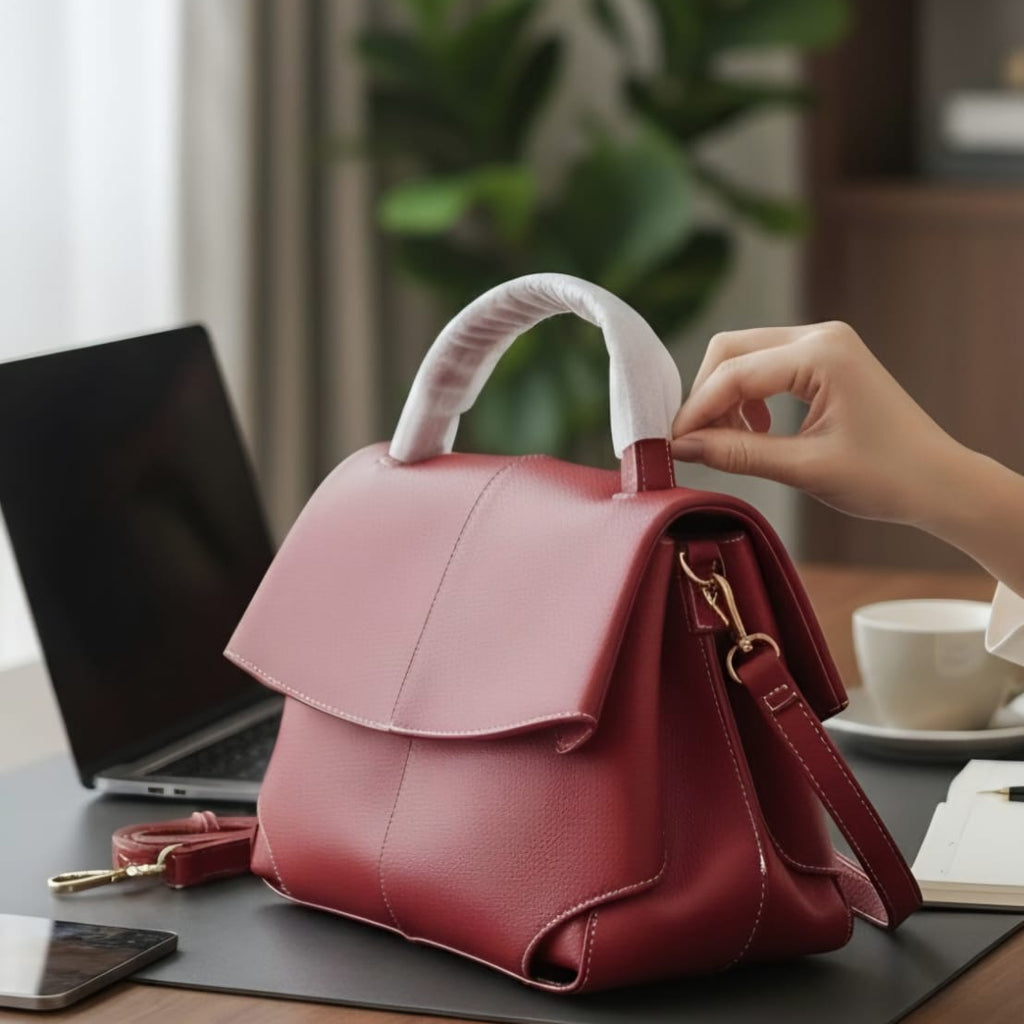 Polène Numéro Un Mini burgundy red on desk with laptop and coffee showing detachable crossbody strap