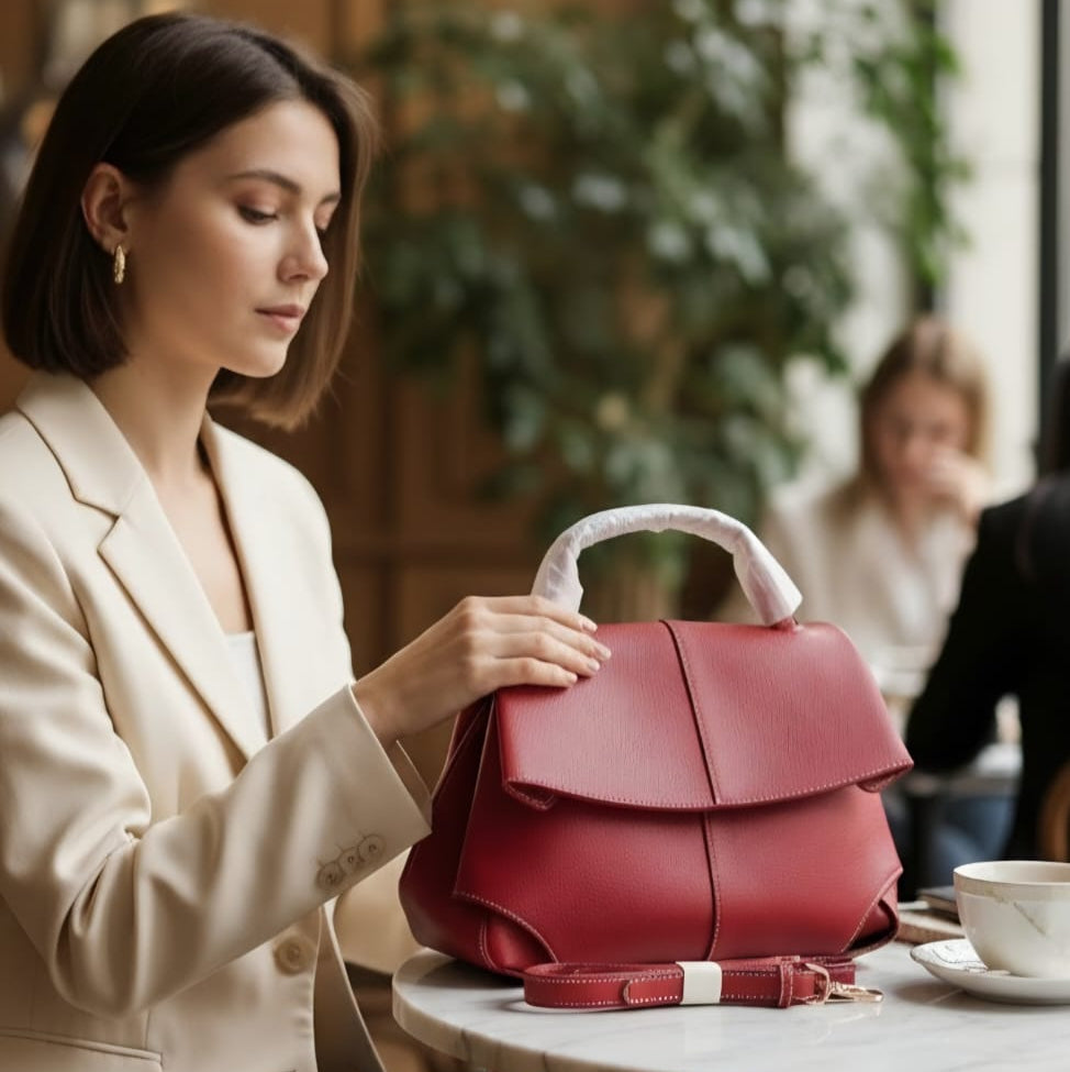 Polène Numéro Un Mini burgundy red held by woman in cream blazer at Parisian cafe marble table