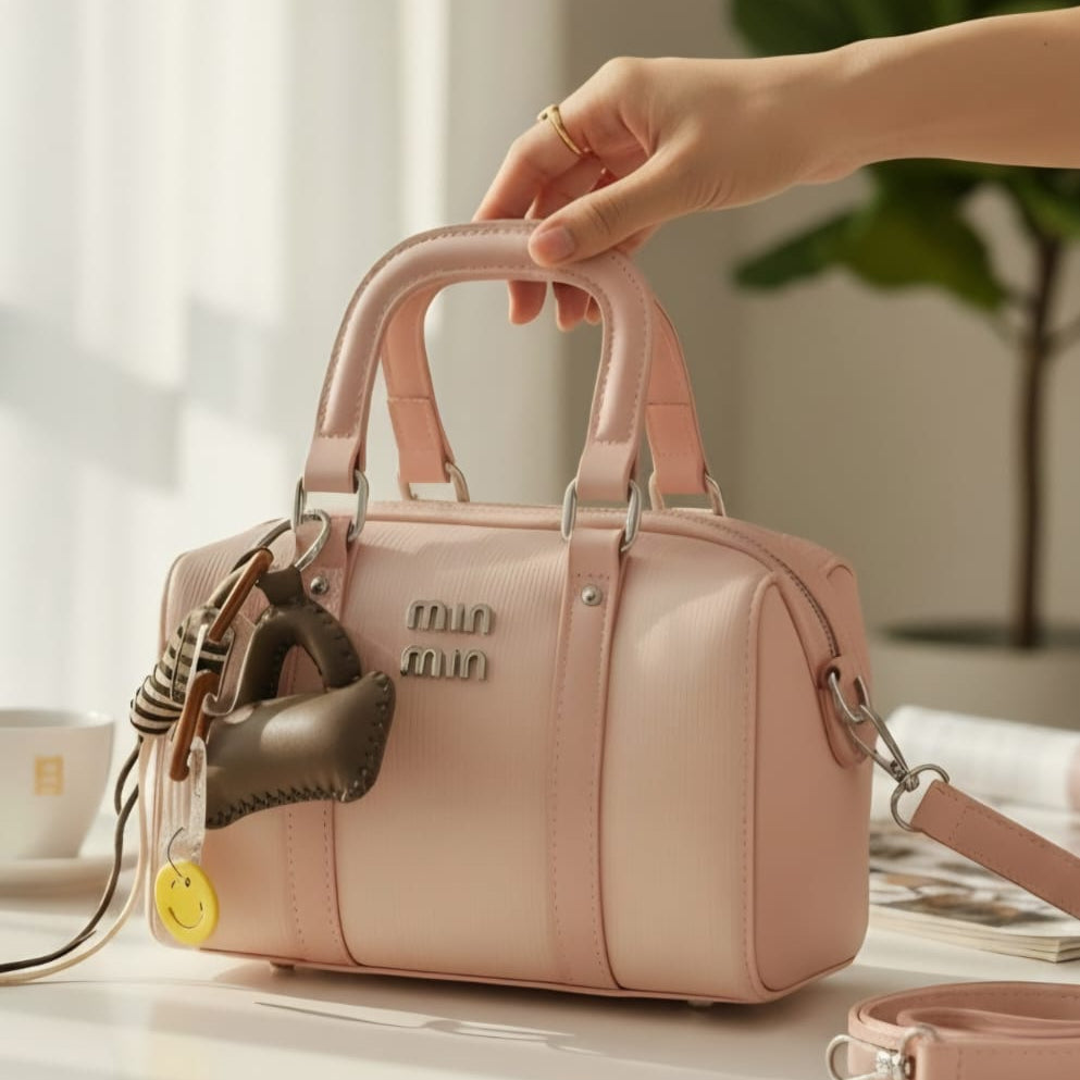 Miu Miu Arcadie bowling bag blush pink on white table with charm cluster and detachable crossbody strap