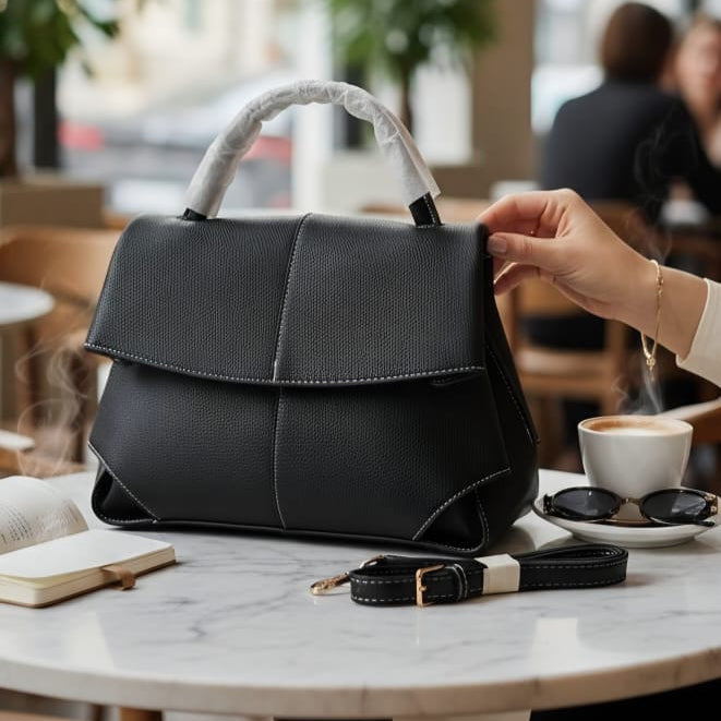 Polène Numéro Un Mini black grained leather on marble cafe table with striped crossbody strap and espresso