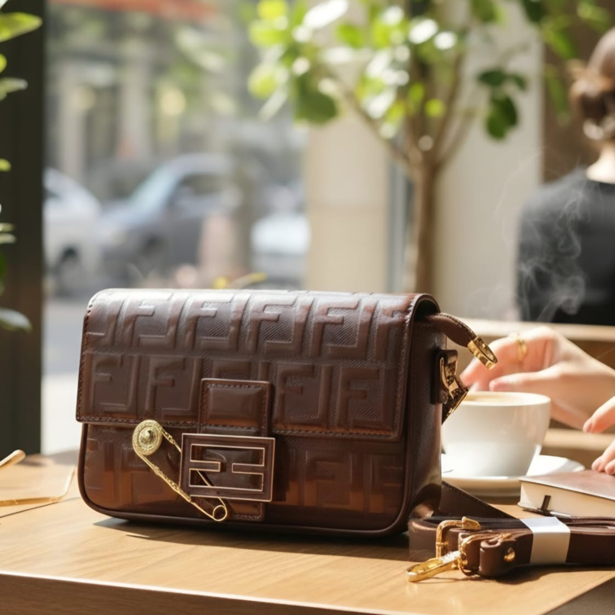 Fendi Baguette FF embossed leather bag dark brown on cafe table close up showing FF clasp
