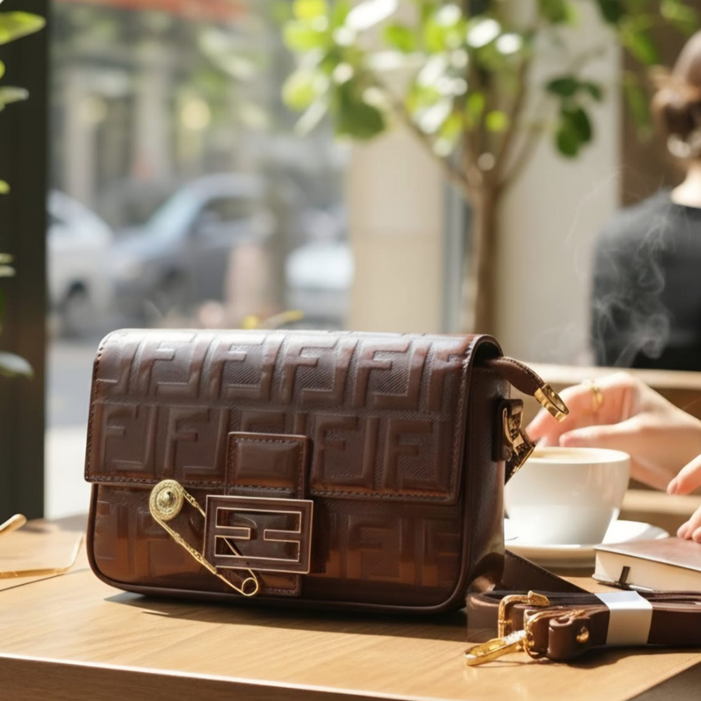 Fendi Baguette FF embossed leather bag dark brown on cafe table with coffee and notebook