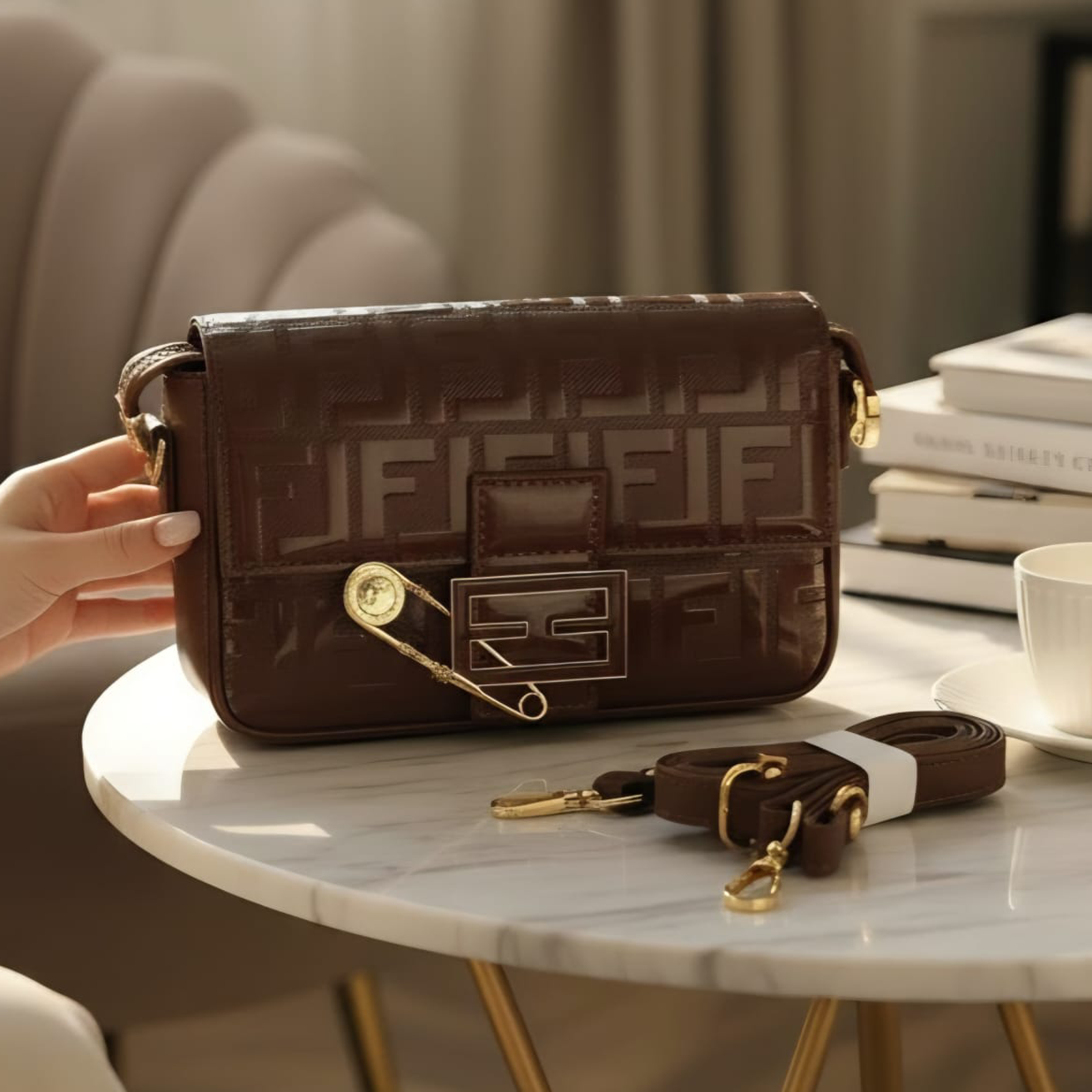 Fendi Baguette FF embossed leather bag dark brown on marble table showing detachable crossbody strap