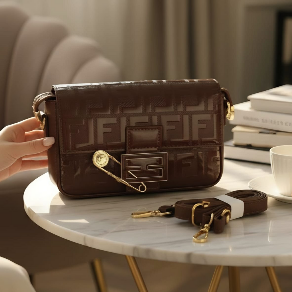 Fendi Baguette FF embossed leather bag dark brown on marble side table in luxury apartment