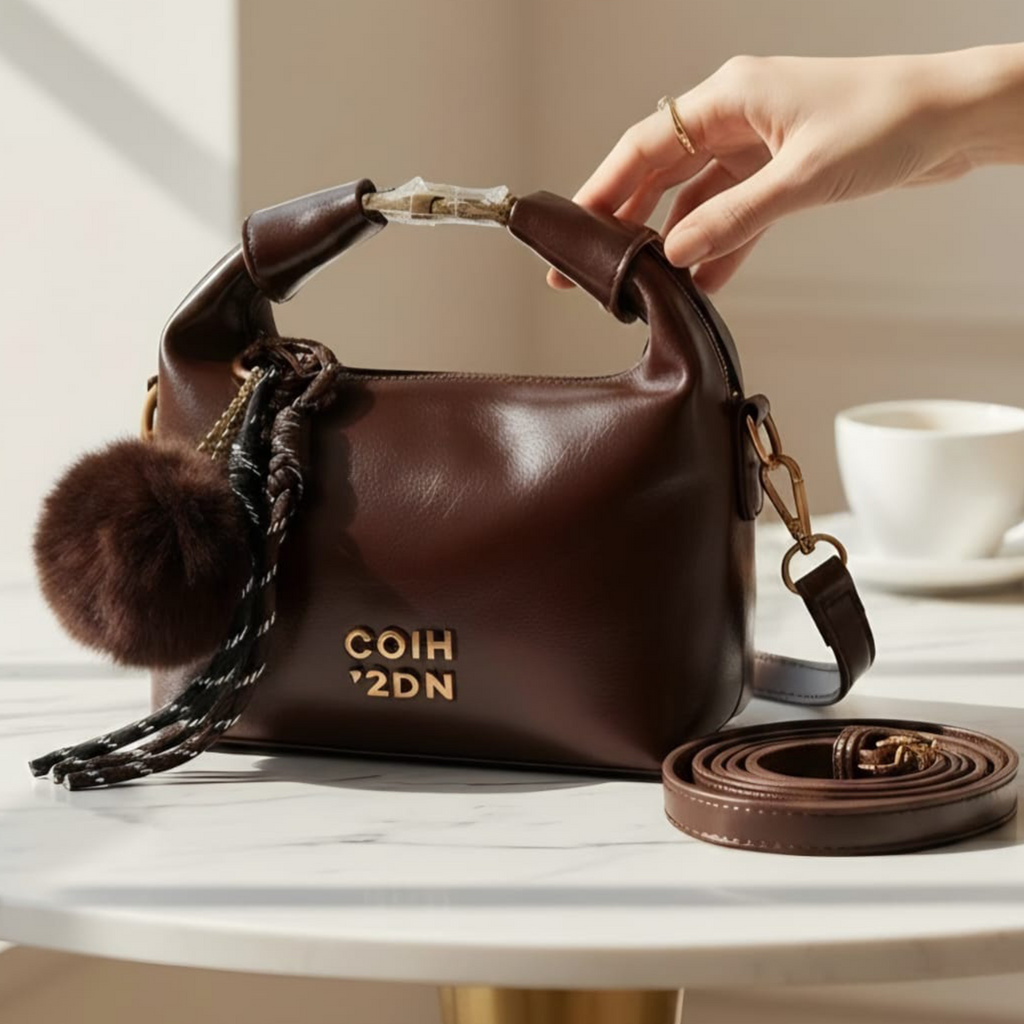 Coach Ergo bag dark chocolate brown on marble table showing knotted handle and braided tassel charm