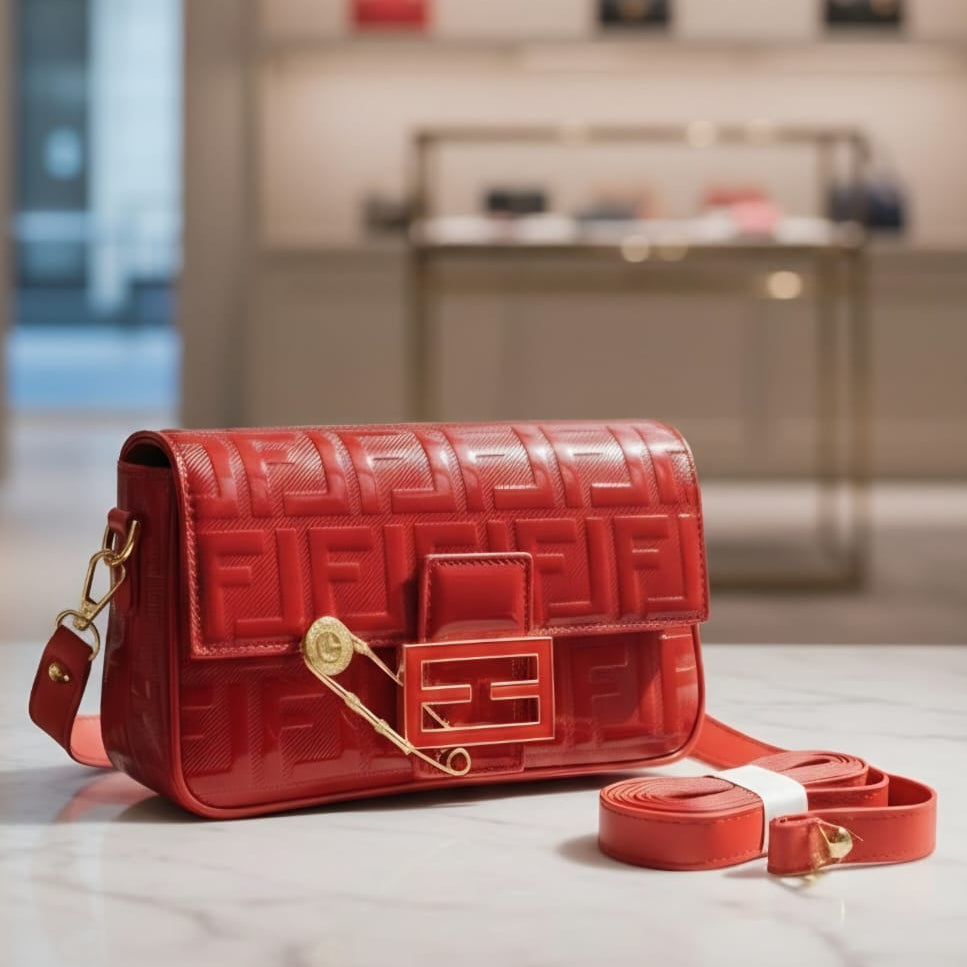Fendi Baguette red FF embossed leather on marble counter inside Fendi boutique with detachable crossbody strap