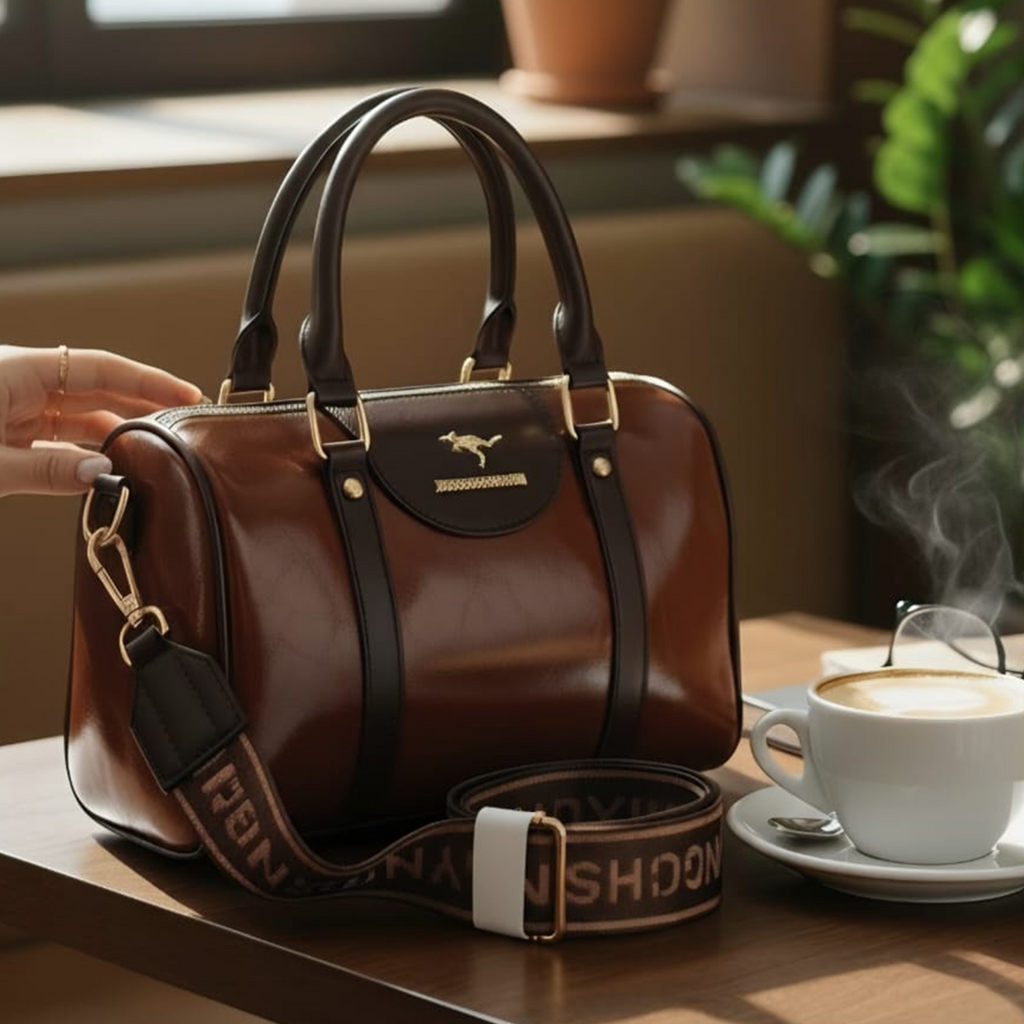 Longchamp Roseau bowling bag dark brown on cafe table with steaming latte and logo jacquard strap