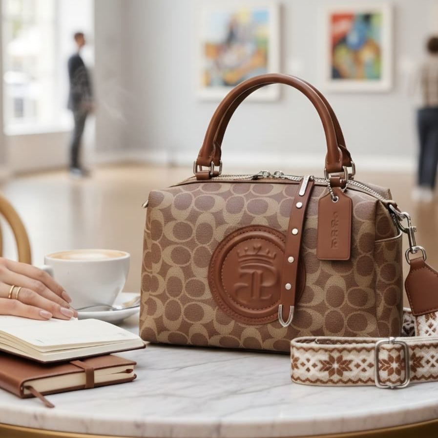 Coach Dempsey barrel bag signature canvas with Dempsey patch on marble cafe table in art gallery with woven crossbody strap