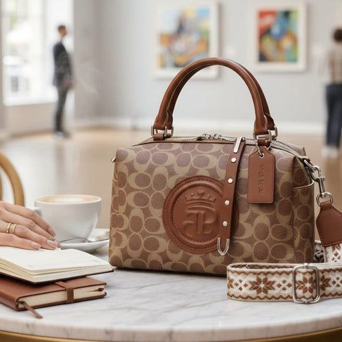 Coach Dempsey barrel bag signature canvas with Dempsey patch on marble cafe table in art gallery with woven crossbody strap
