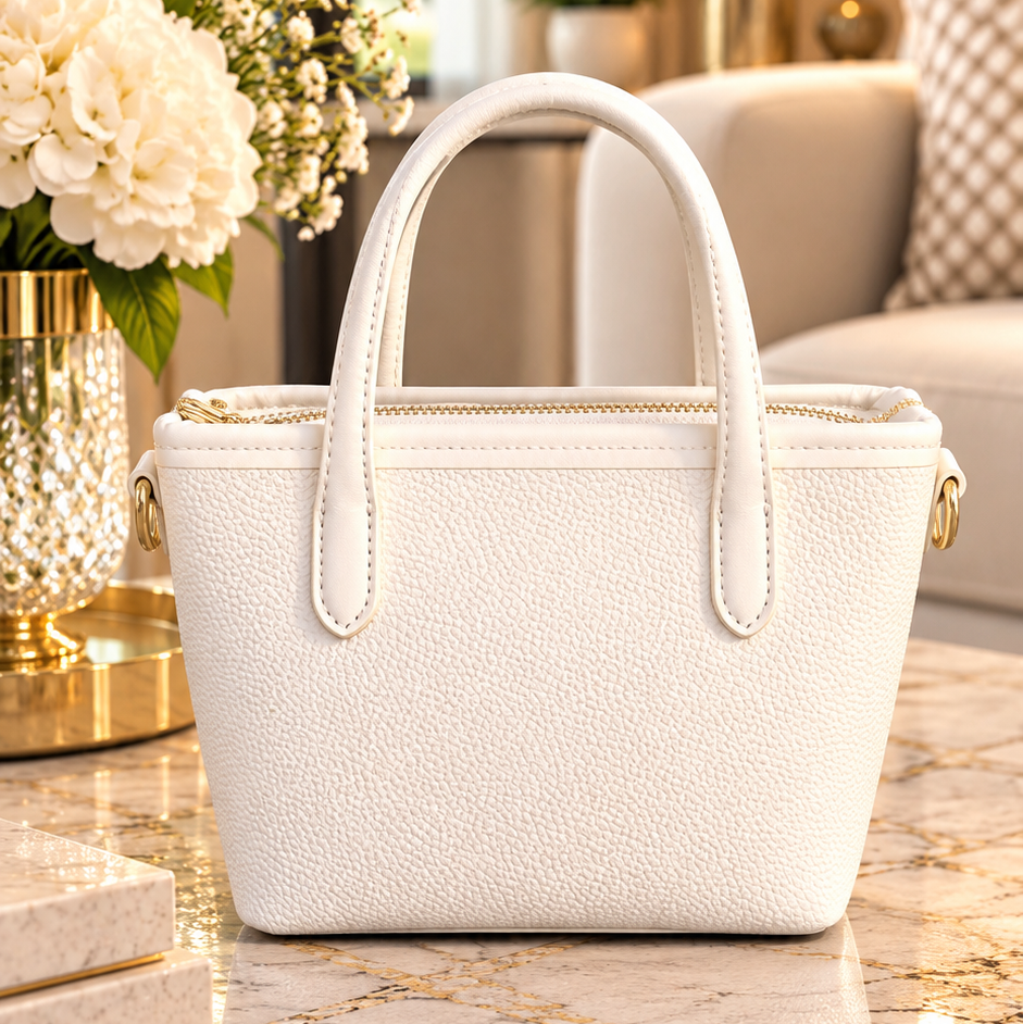 Ivory Textured mini Tote Handbag with Gold-Tone Hardware with cherry charm