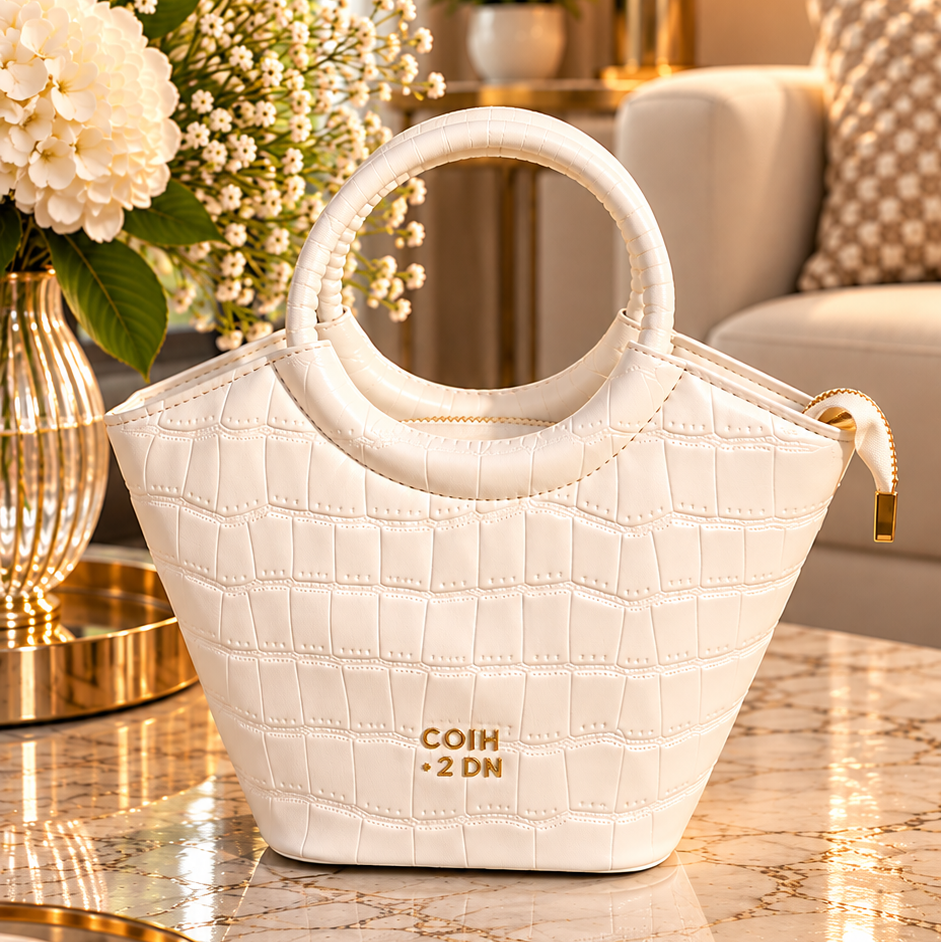 Ivory Quilted Top Handle Handbag with Gold-Tone Accents