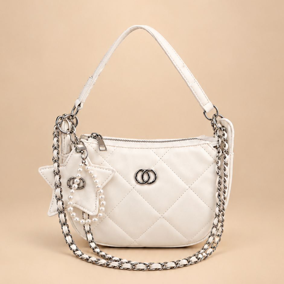 Ivory Quilted Handbag Bag with Pearl Charm and Double chain detail