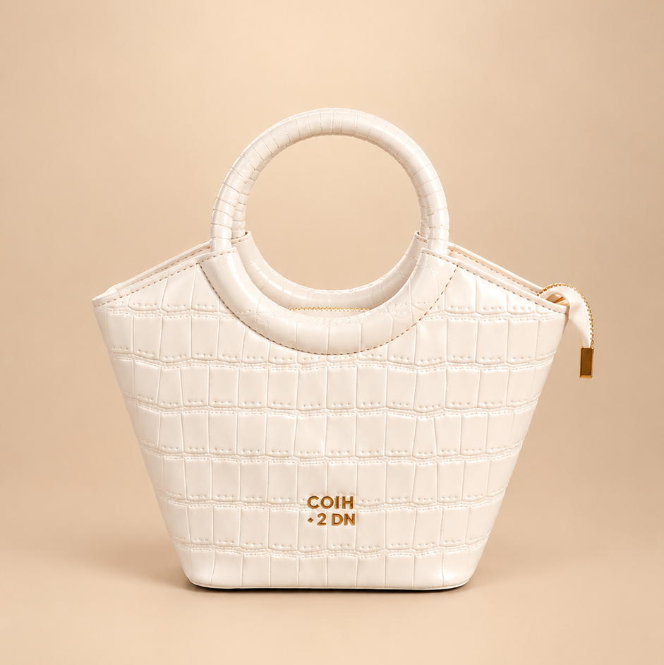 Ivory Quilted Top Handle Handbag with Gold-Tone Accents