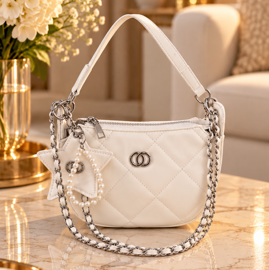 Ivory Quilted Handbag Bag with Pearl Charm and Double chain detail