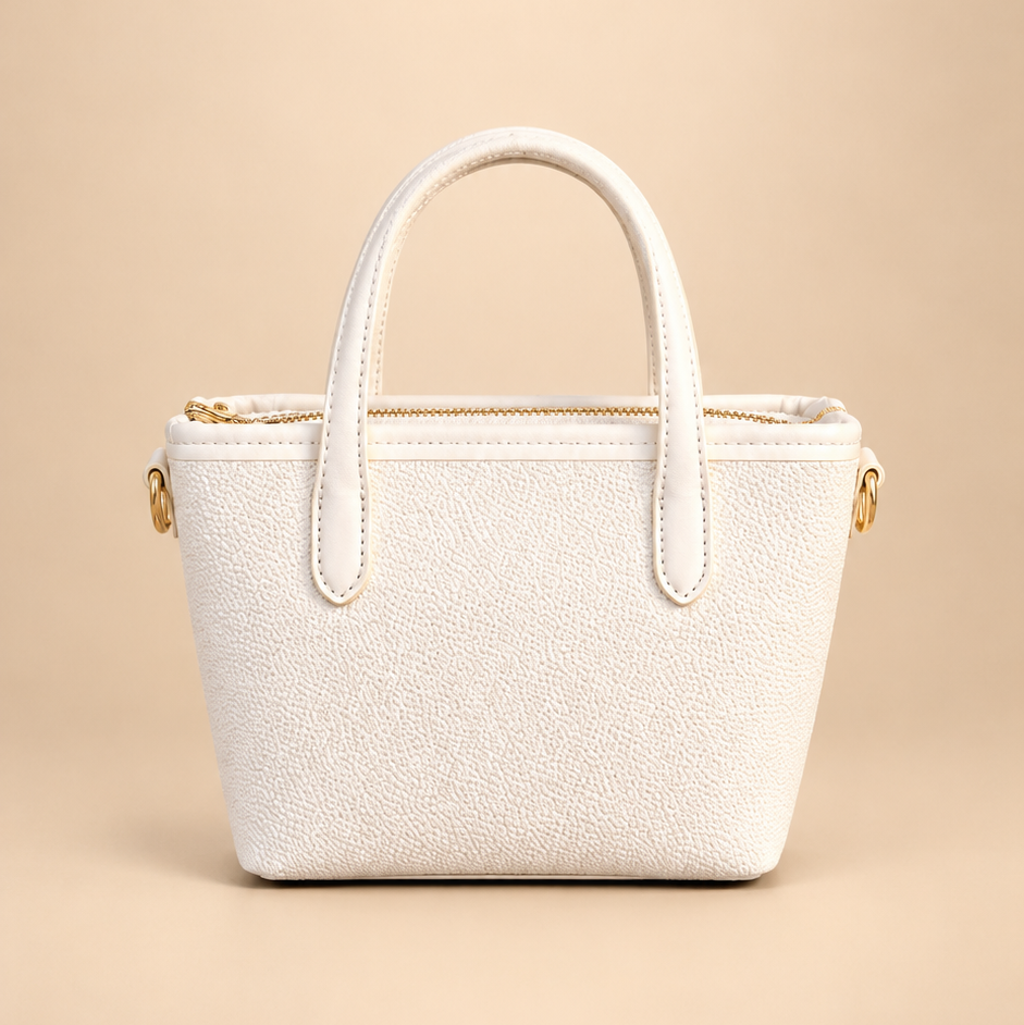 Ivory Textured mini Tote Handbag with Gold-Tone Hardware with cherry charm