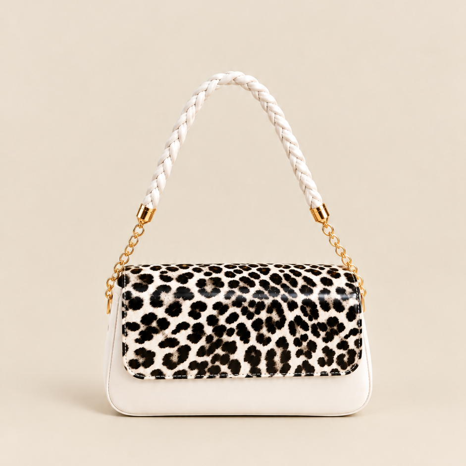 Ivory Leopard Print Flap Shoulder Bag with Braided Strap