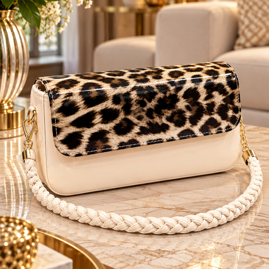 Beige Leopard Print Flap Shoulder Bag with Braided Strap