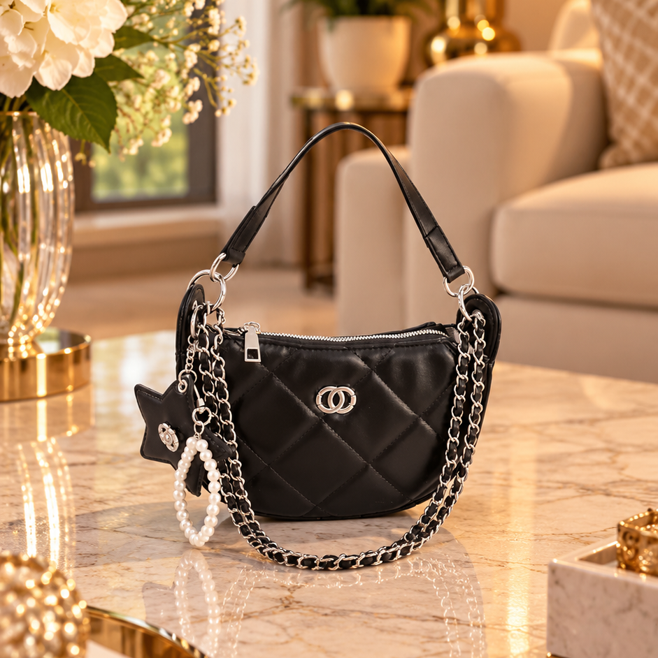 Black Quilted Shoulder Bag with Silver-Tone Chain Strap