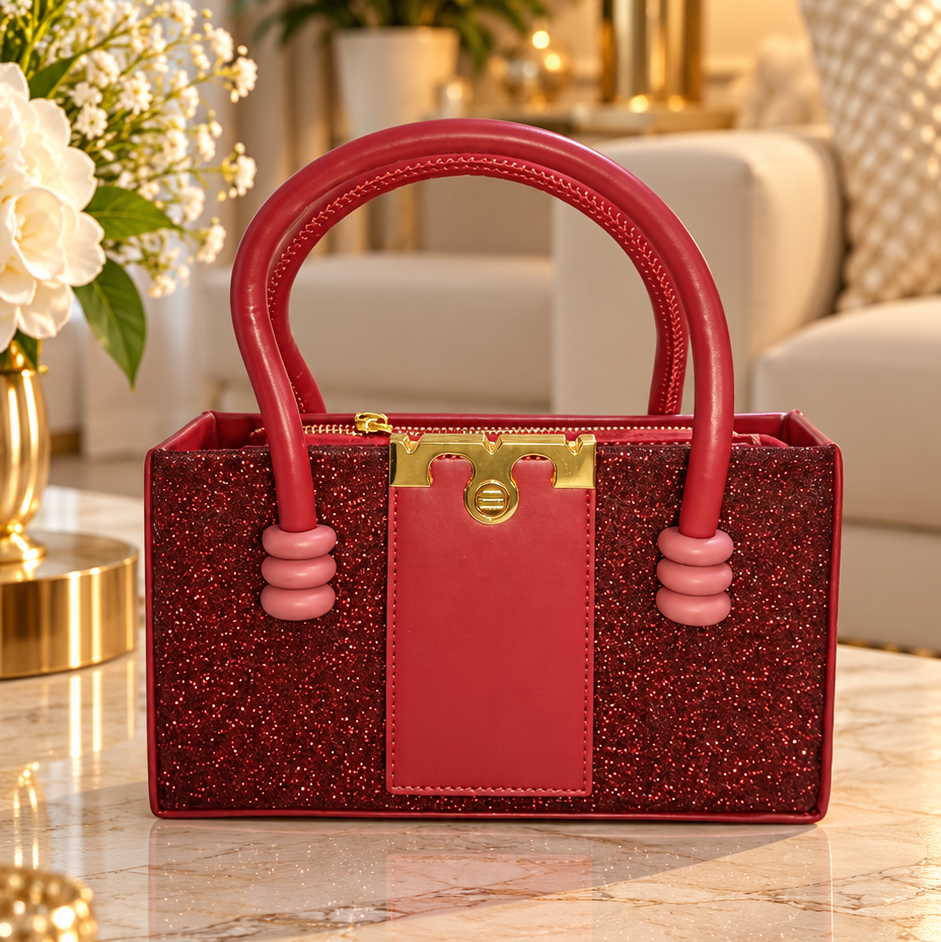 Red Glitter Structured Handbag with Gold-Tone Clasp