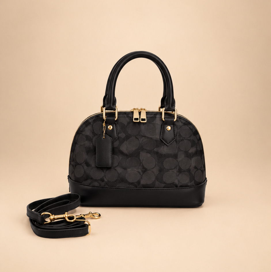 Premium Black Monogram Dome Handbag with Detachable Strap
