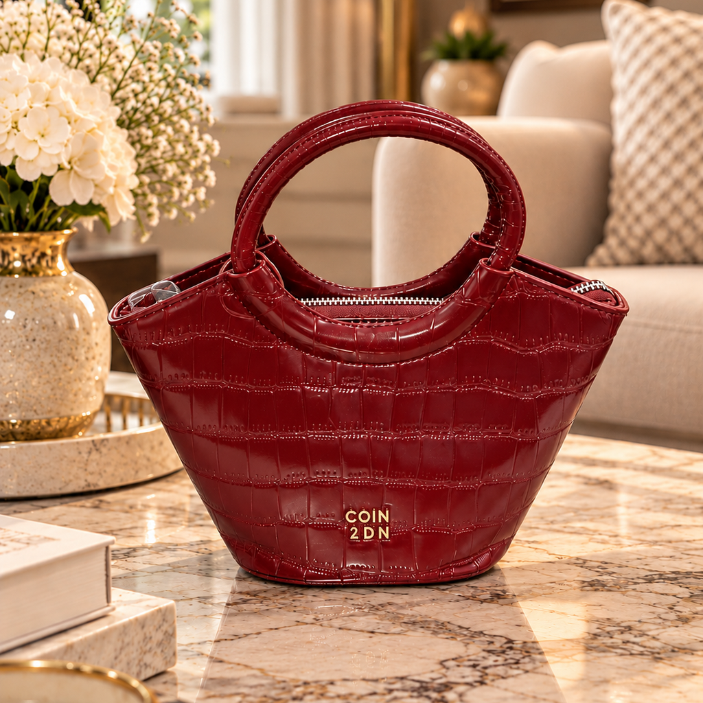 Burgundy Croc-Embossed Structured Handbag