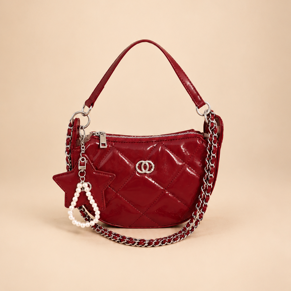 Burgundy Quilted Shoulder Bag with Chain Strap