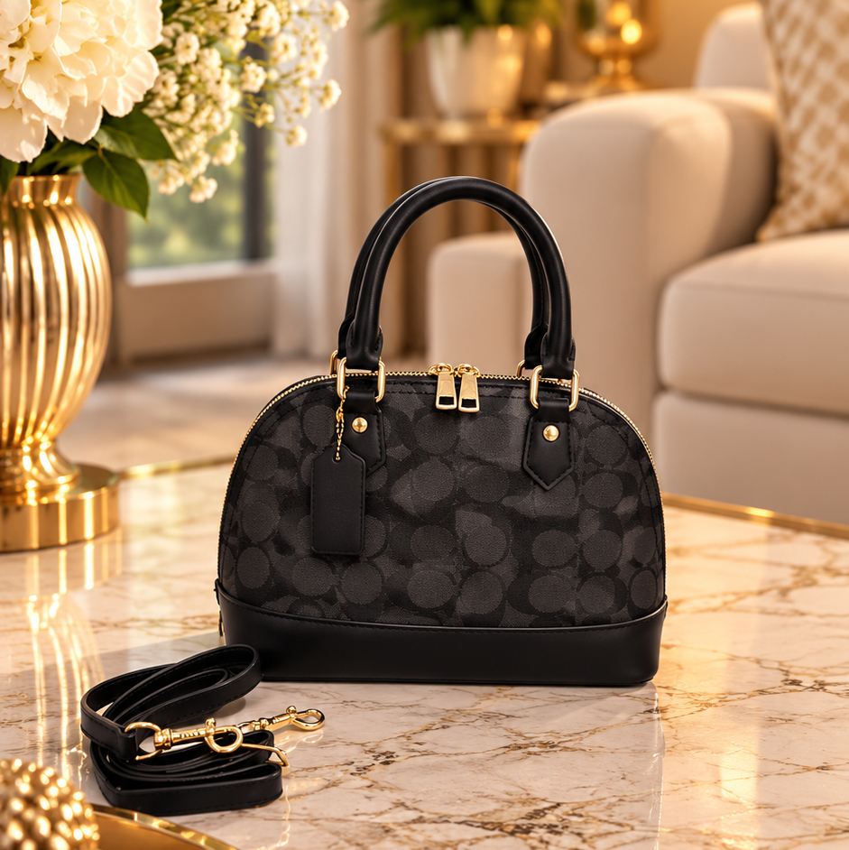 Premium Black Monogram Dome Handbag with Detachable Strap