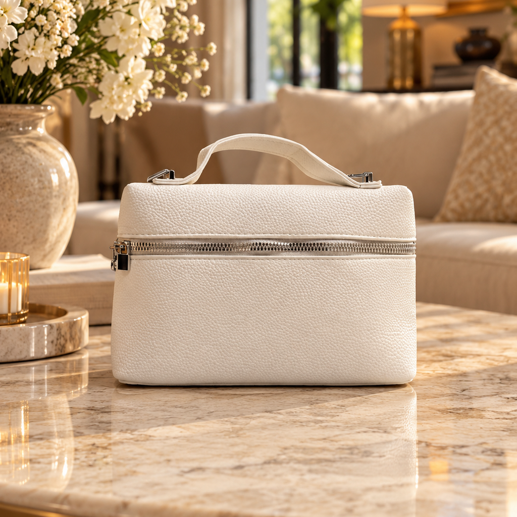 White Textured Leather Vanity Handbag
