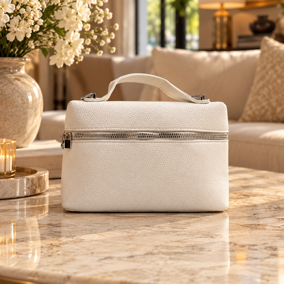 White Textured Leather Vanity Handbag