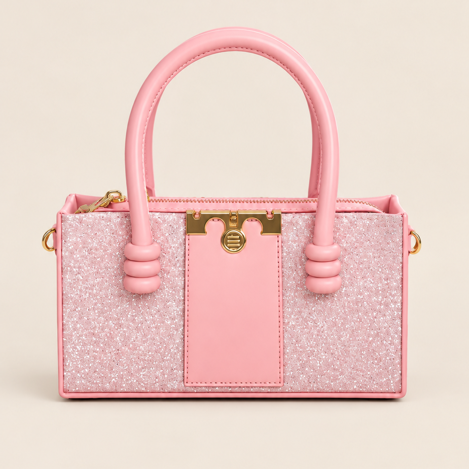 Pink Glitter Structured Handbag with Gold-Tone Clasp
